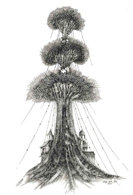 Siedlisko drzewa - piórko,tusz - 58cm x 40cm (wys. x szer.)